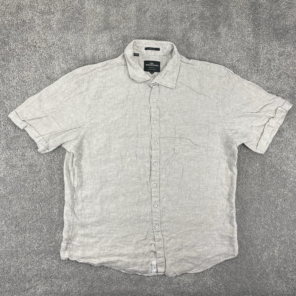 Rodd & Gunn Shirt Mens 3XL Linen Gray Button Down Short Sleeve Made In Italy